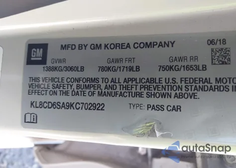 2019 Chevrolet Spark 1Lt Cvt из США, поврежденный, VIN KL8CD6SA9KC702922